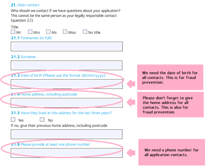 The main contact section of the National Lottery Awards for All Scotland application form