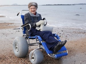 Audrey Jones (aged 89) from North Berwick, trying out a beach wheelchair