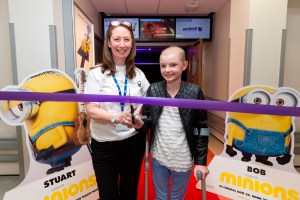 GLASGOW, UK. 03/08/2015 L to R: Sheila Hay-Pacifico (Yorkhill Medicinema manager) & Rachael Proctor (patient, 11 yrs old from Balloch) open the new Medicinema supported by Yorkhill Children's Charity at The Royal Hospital For Children. in Glasgow. COPYRIGHT © STUART WALLACE 2015 visit my website: www.stuartwallacepictures.com