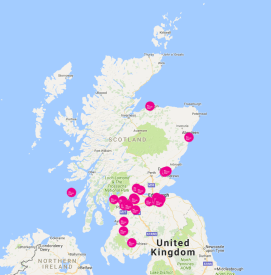 map of community gardens awarded funding across Scotland