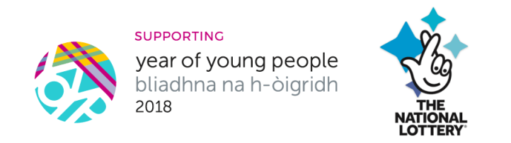 Supporting Year of young People 2018 and the National Lottery logo (white hand with fingers crossed)