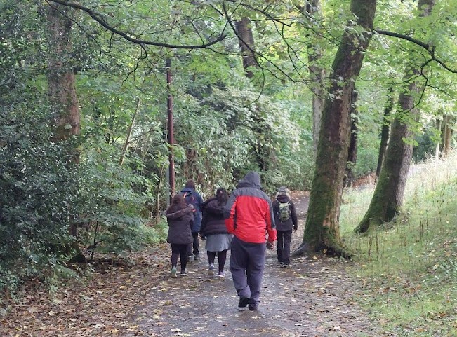 Group walking through a wooded area with their backs to the camera, wrapped up in jackets ready for an autumn walk.