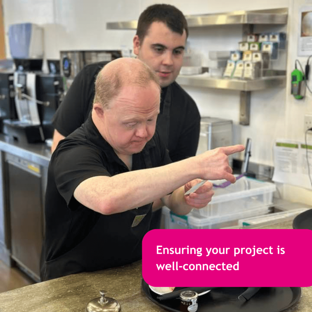 Text reads: Ensuring your project is well-connected.
Image of someone working in a cafe